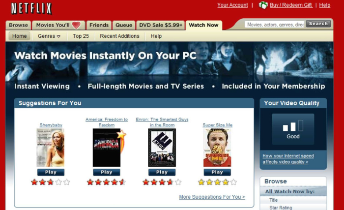 A screenshot of Netflix's original homepage displaying their effective change management