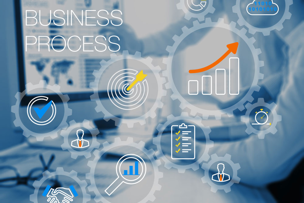 Finding the right CRM depends on your business processes - a faded image of two people in front of a screen, with cogs overlaid along with text saying 'business process'