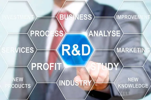 a graphic of a man in a suit pushing the R&D button