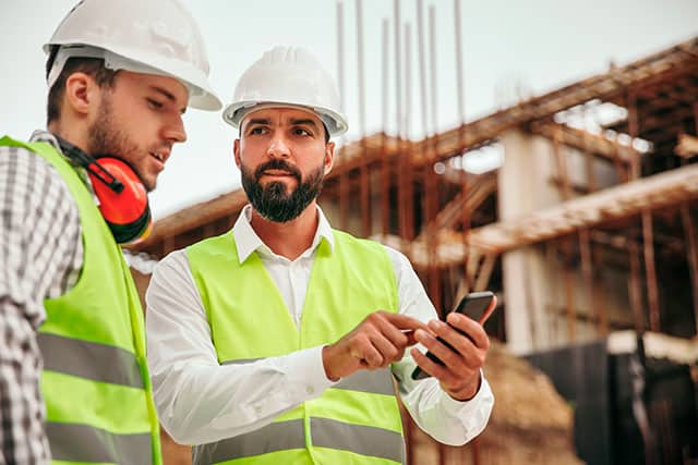 Two construction workers use a digital app on a construction site