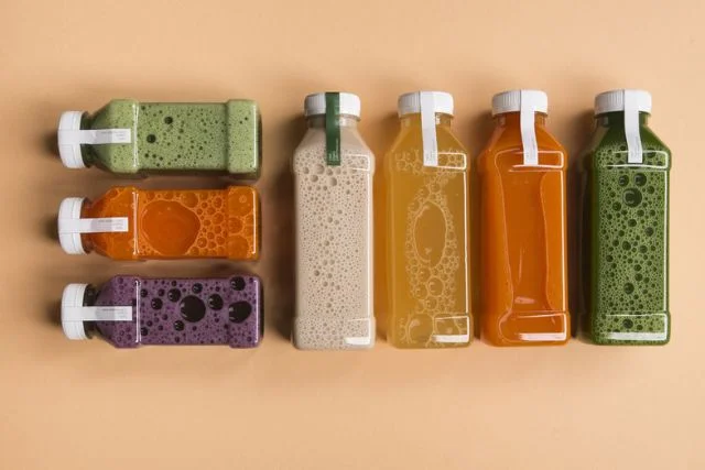 Minimalist drink packaging with colourful drinks inside