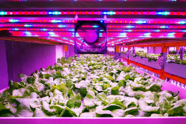 Cabbages grow in a vertical farm under a UV light
