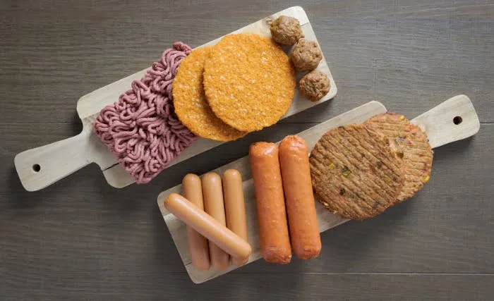 Plant based vegan food on wooden platters