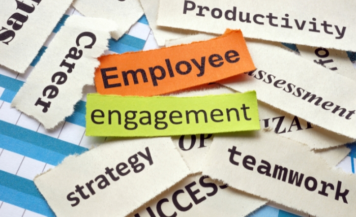 Aligning business strategy with culture: Close-up of cut-out words including “Employee,” “engagement,” “strategy,” and “productivity,” arranged to represent workplace culture and engagement.