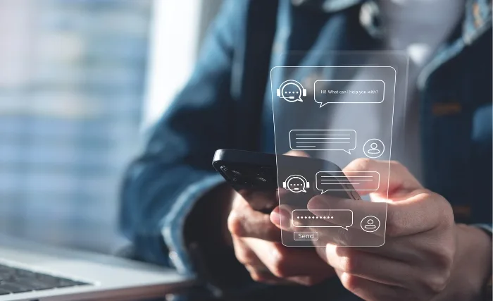 Person using a smartphone with a digital chatbot interface overlaid, representing AI-powered customer support.