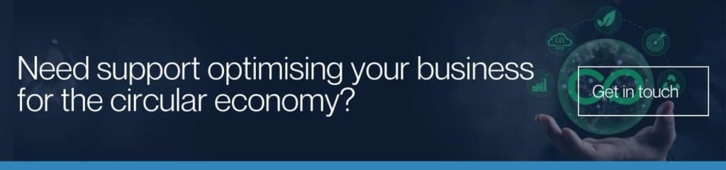 Banner with text "Need support optimising your business for the circular economy?" and a 'Get in touch' button next to a circular economy graphic