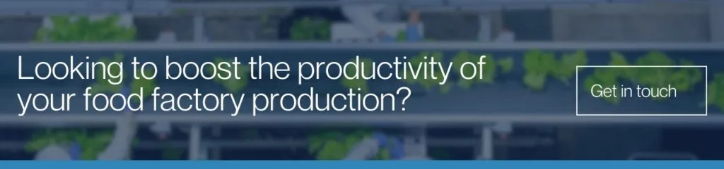 A blurred image of a food production line showing leafy green produce moving along conveyor belts inside a factory. The banner text overlays the image, promoting increased productivity in food manufacturing environments.