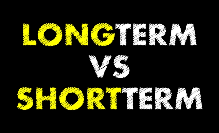 Marketing effectiveness: Graphic displaying the words long term vs short term to represent marketing effectiveness comparison