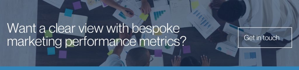 marketing effectiveness cta: Overhead view of a marketing team reviewing performance metrics with a get in touch call to action