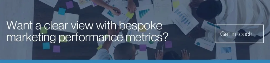 marketing effectiveness cta: Overhead view of a marketing team reviewing performance metrics with a get in touch call to action