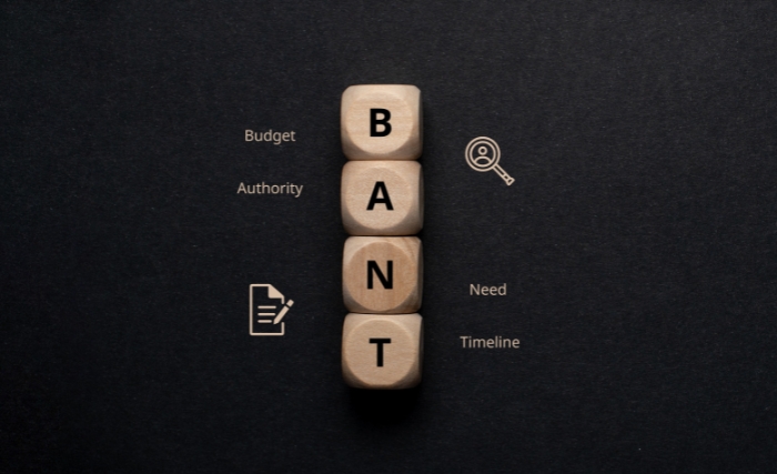 B2B lead strategy: Four wooden letter dice stacked vertically to spell "BANT" on a dark background, with the words Budget, Authority, Need and Timeline labelled alongside, accompanied by small icons.