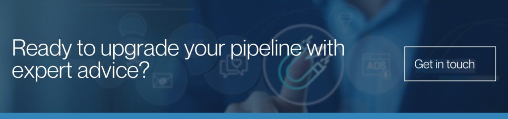 Ready to upgrade your pipeline with expert advice: A dark blue banner advertisement with the text "Ready to upgrade your pipeline with expert advice?" on the left and a "Get in touch" button on the right, set against a blurred background of digital marketing icons.