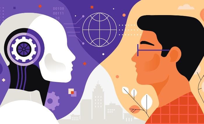 How AI is Changing Business Strategy and Consultancy A flat illustration showing a white AI robot head with a gear mechanism facing a human figure wearing glasses, set against a split background of purple and orange with a globe, binary code, city skyline and foliage.